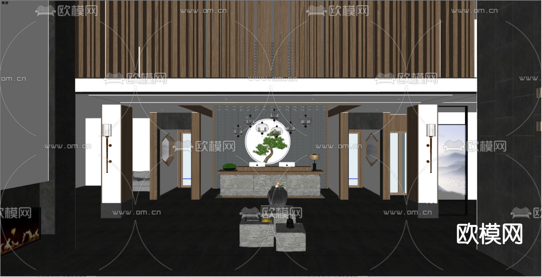 新中式酒店大堂前台su模型下载（渲染图2）