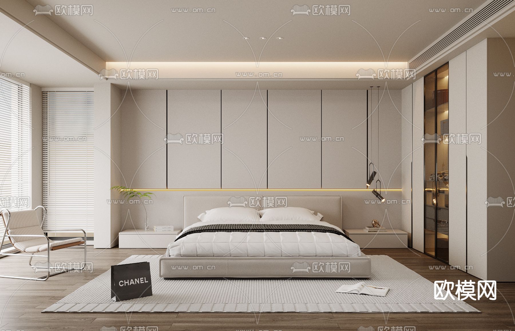 奶油风卧室 主人房3d模型下载（渲染图1）