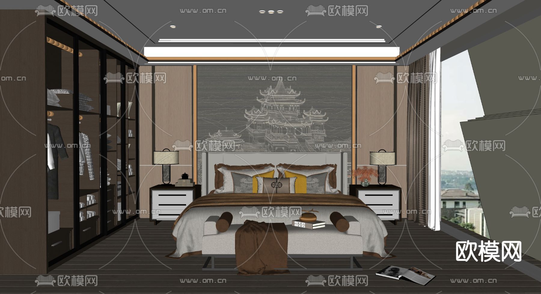 新中式卧室su模型下载（渲染图2）