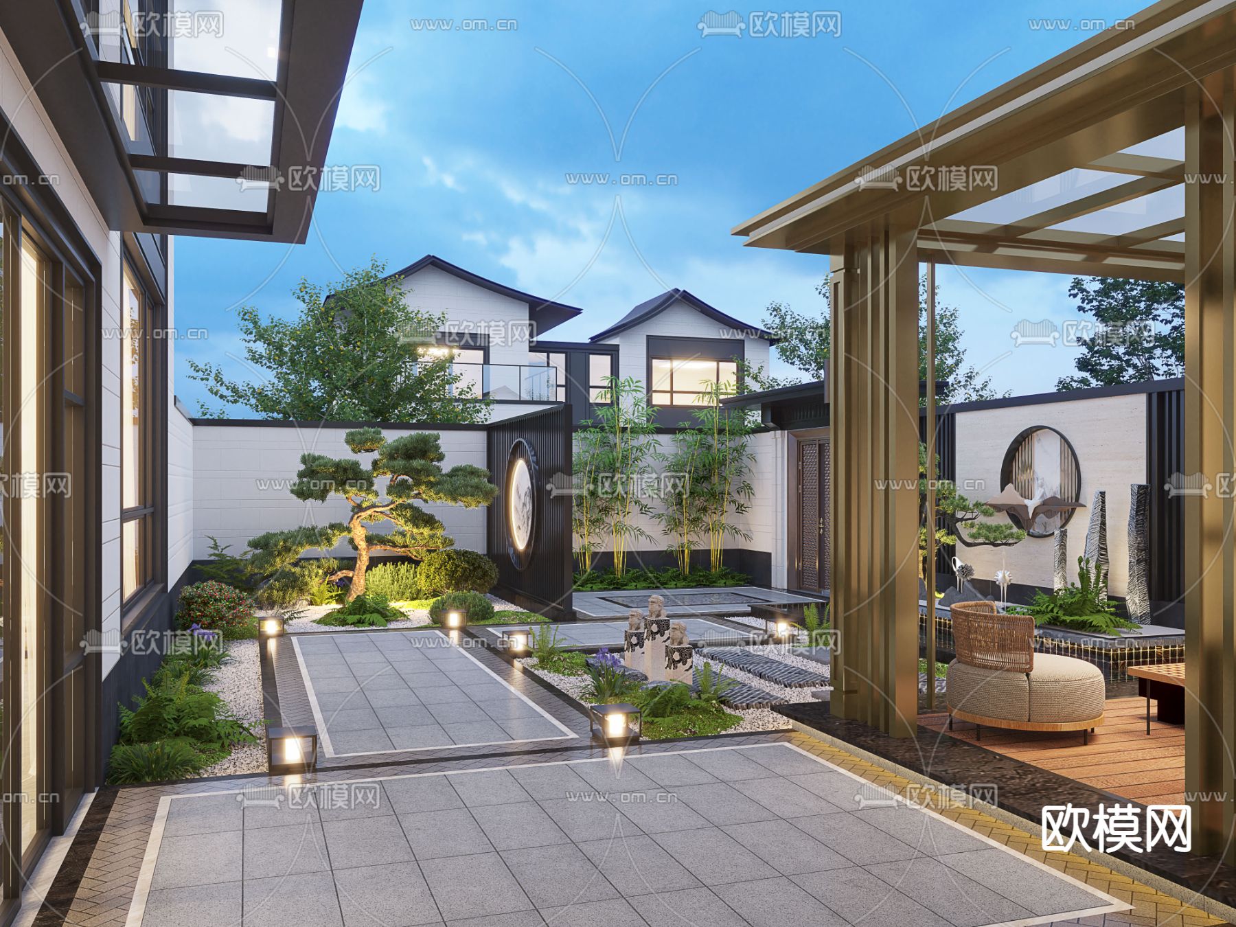 新中式庭院 花园景观3d模型下载（渲染图2）