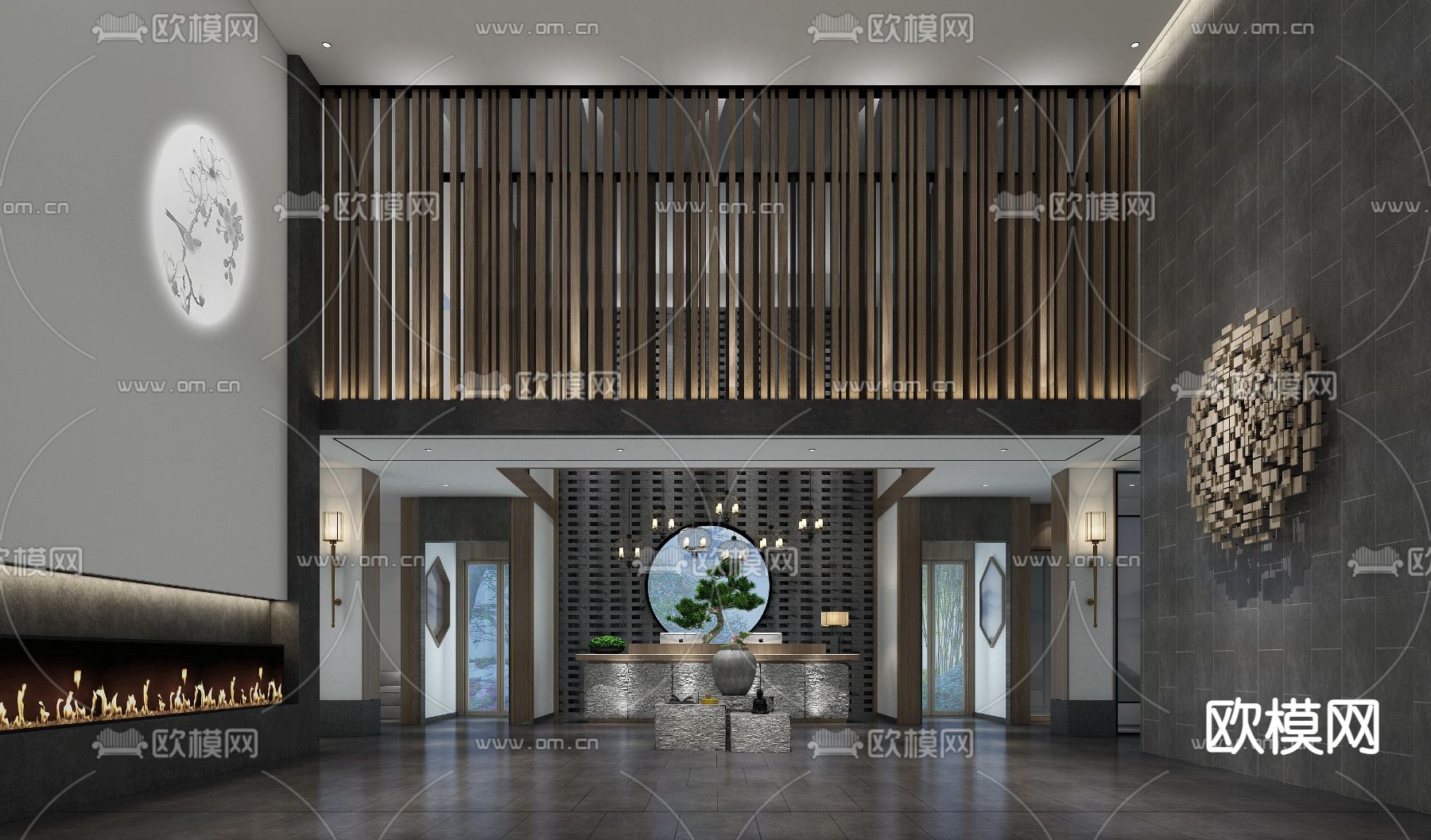 新中式酒店大堂前台su模型下载（渲染图1）