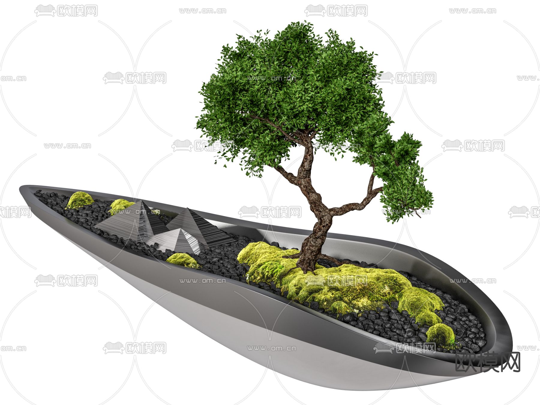 新中式鲜苔盆栽 盆景堑件3d模型下载（渲染图2）