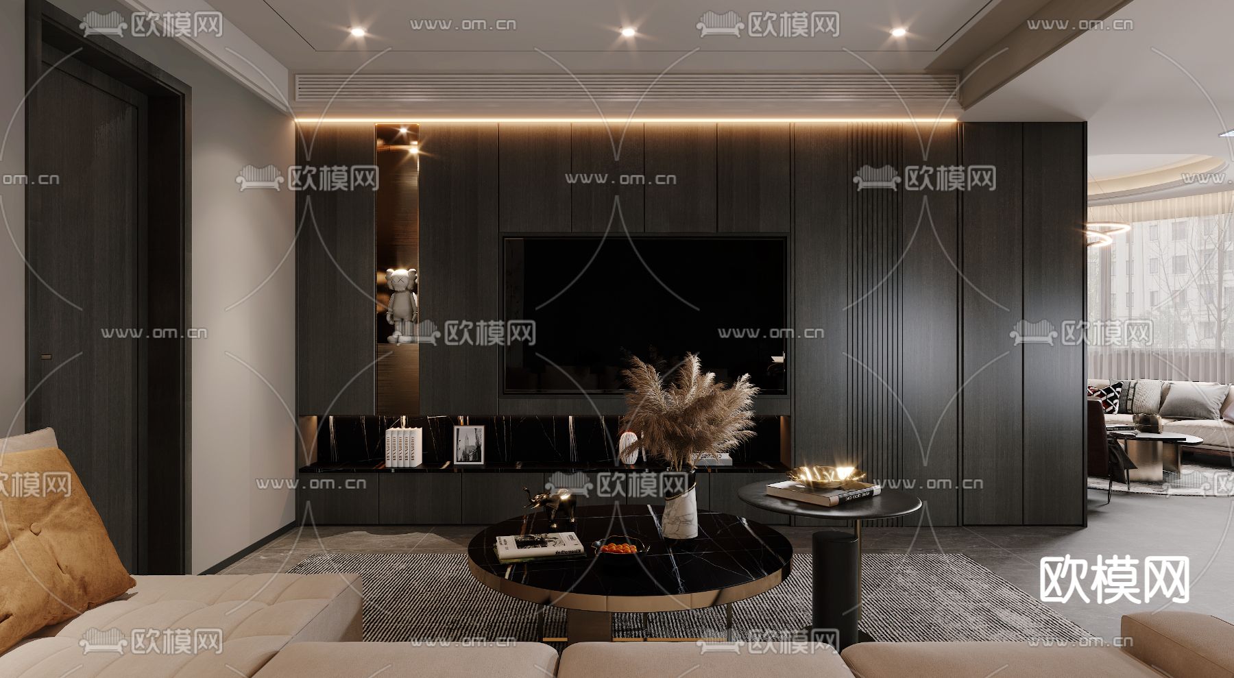 高级灰客厅餐厅3d模型下载（渲染图2）