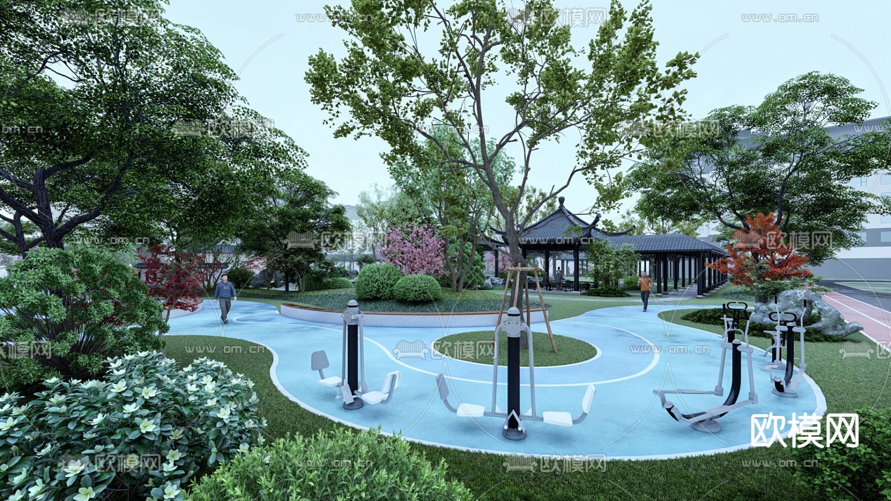 新中式小区住宅园内景观su模型下载（渲染图8）