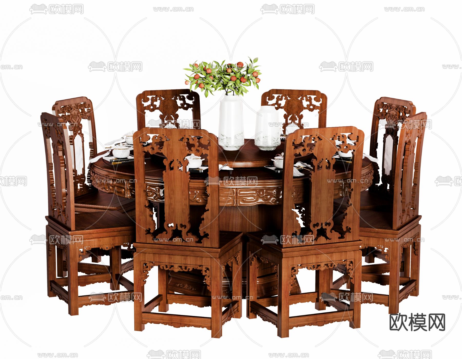 中式圆形餐桌椅3d模型下载（渲染图2）