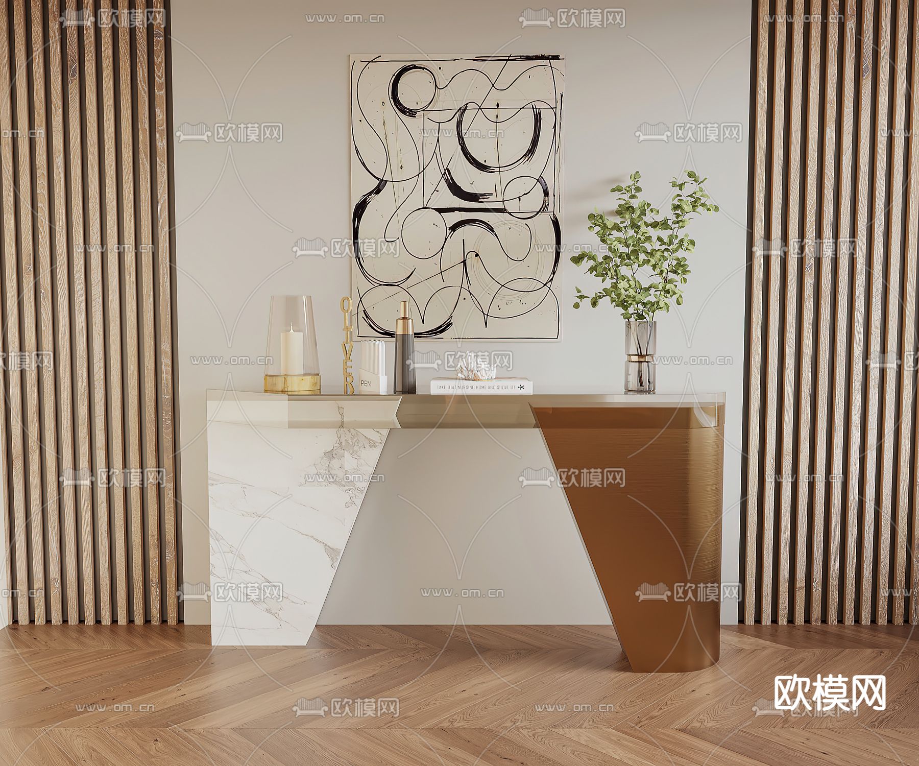奶油风端景台 条案3d模型下载
