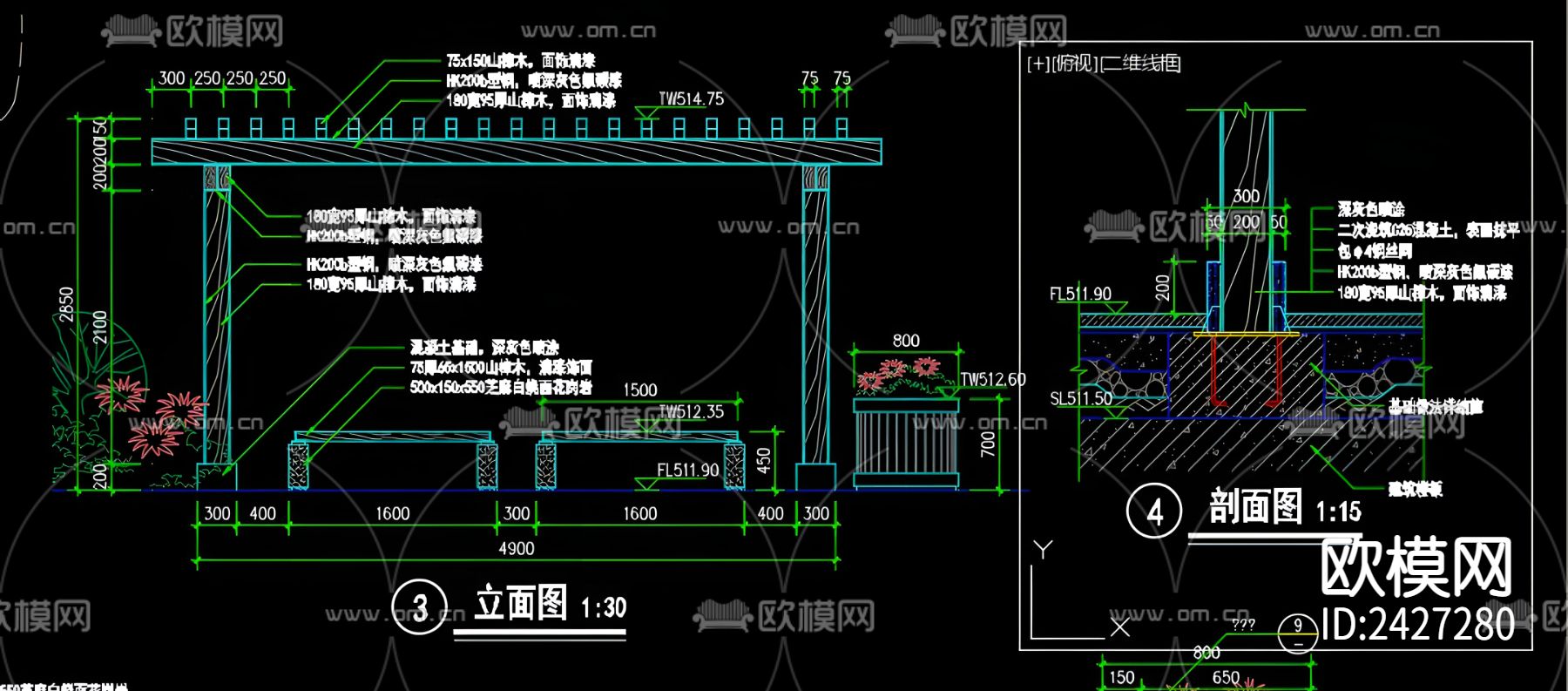 休闲亭廊cad平面图下载（渲染图3）