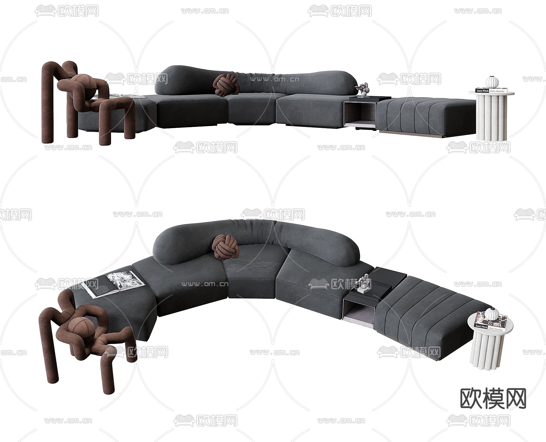 高级灰布艺弧形沙发su模型下载（渲染图1）