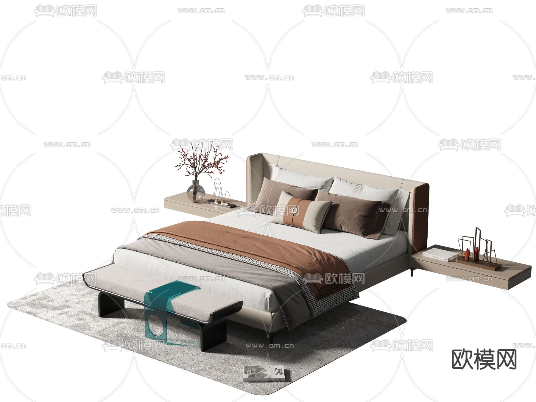 新中式双人床3d模型下载