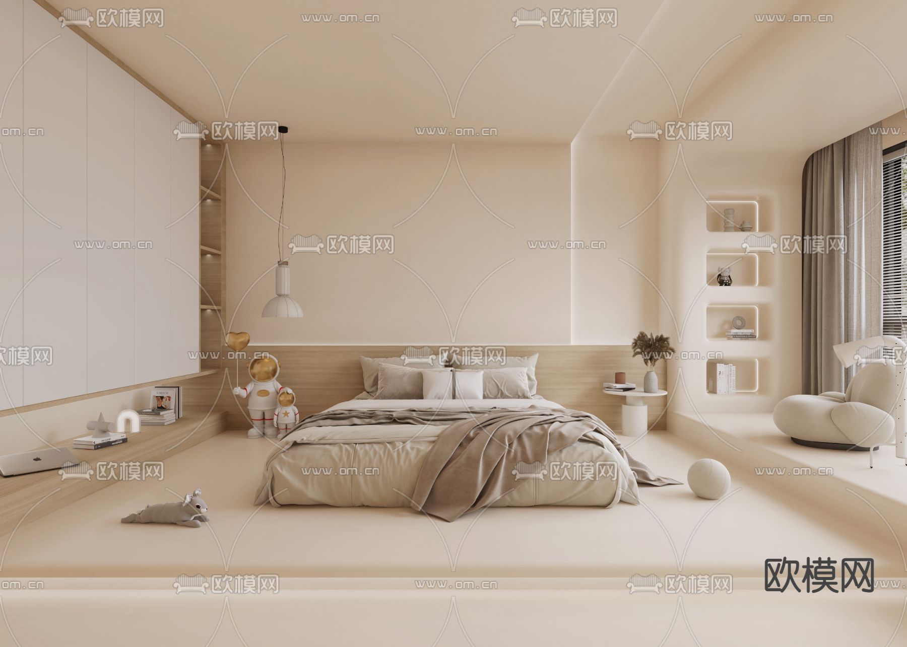奶油风卧室 主人房 主卧3d模型下载_ID12251437_3dmax免费模型-欧模网