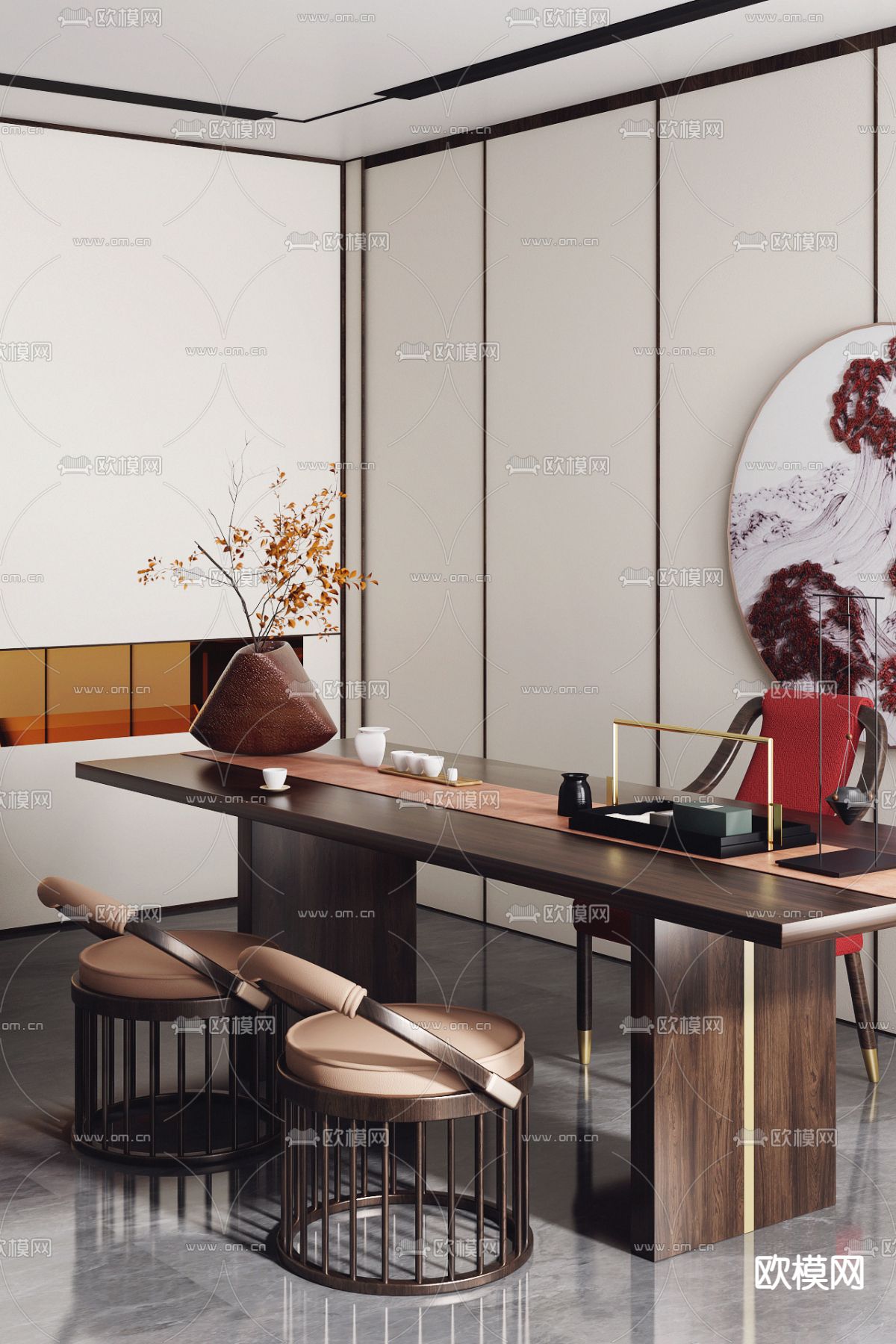 美纵设计 新中式茶室3d模型下载（渲染图1）