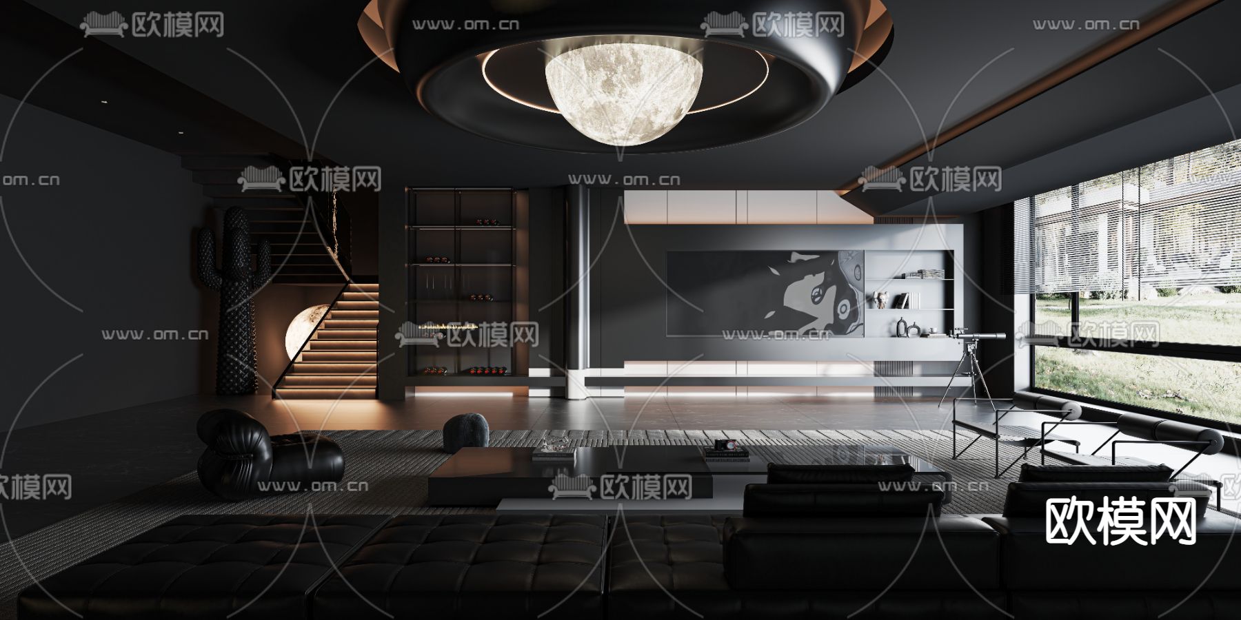 暗黑风复式客厅3d模型下载（渲染图2）