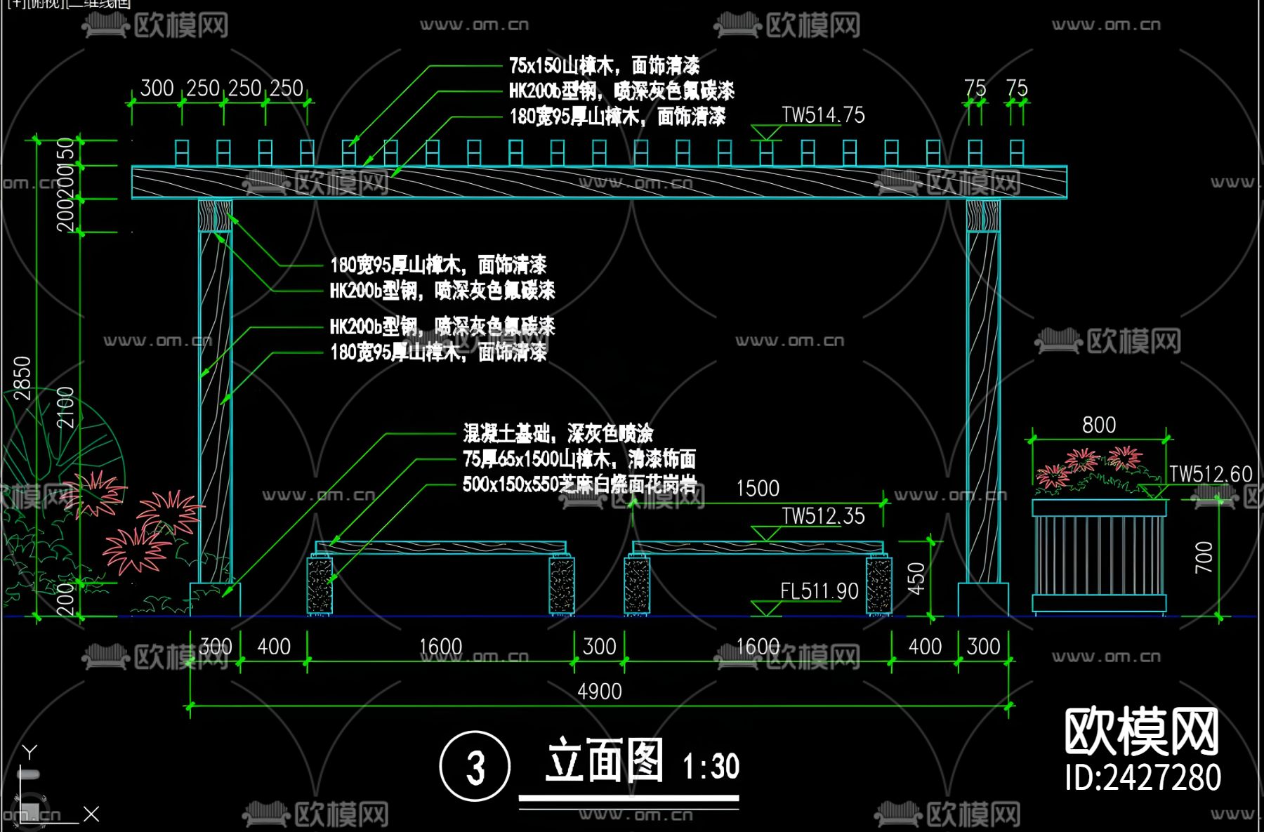 休闲亭廊cad平面图下载（渲染图7）