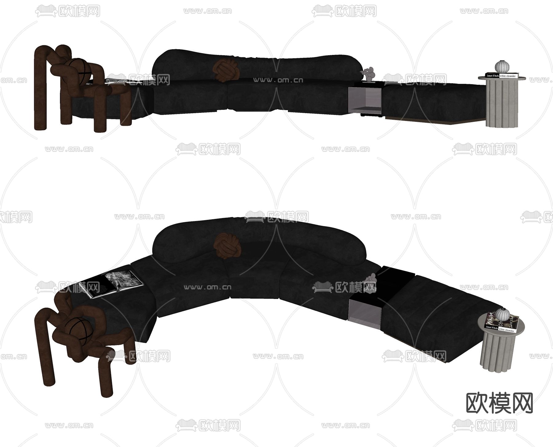 高级灰布艺弧形沙发su模型下载（渲染图2）