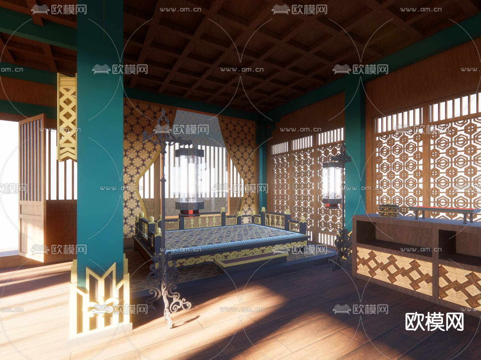 中式室内寝宫室su模型下载_ID12251659_sketchup模型下载-欧模网