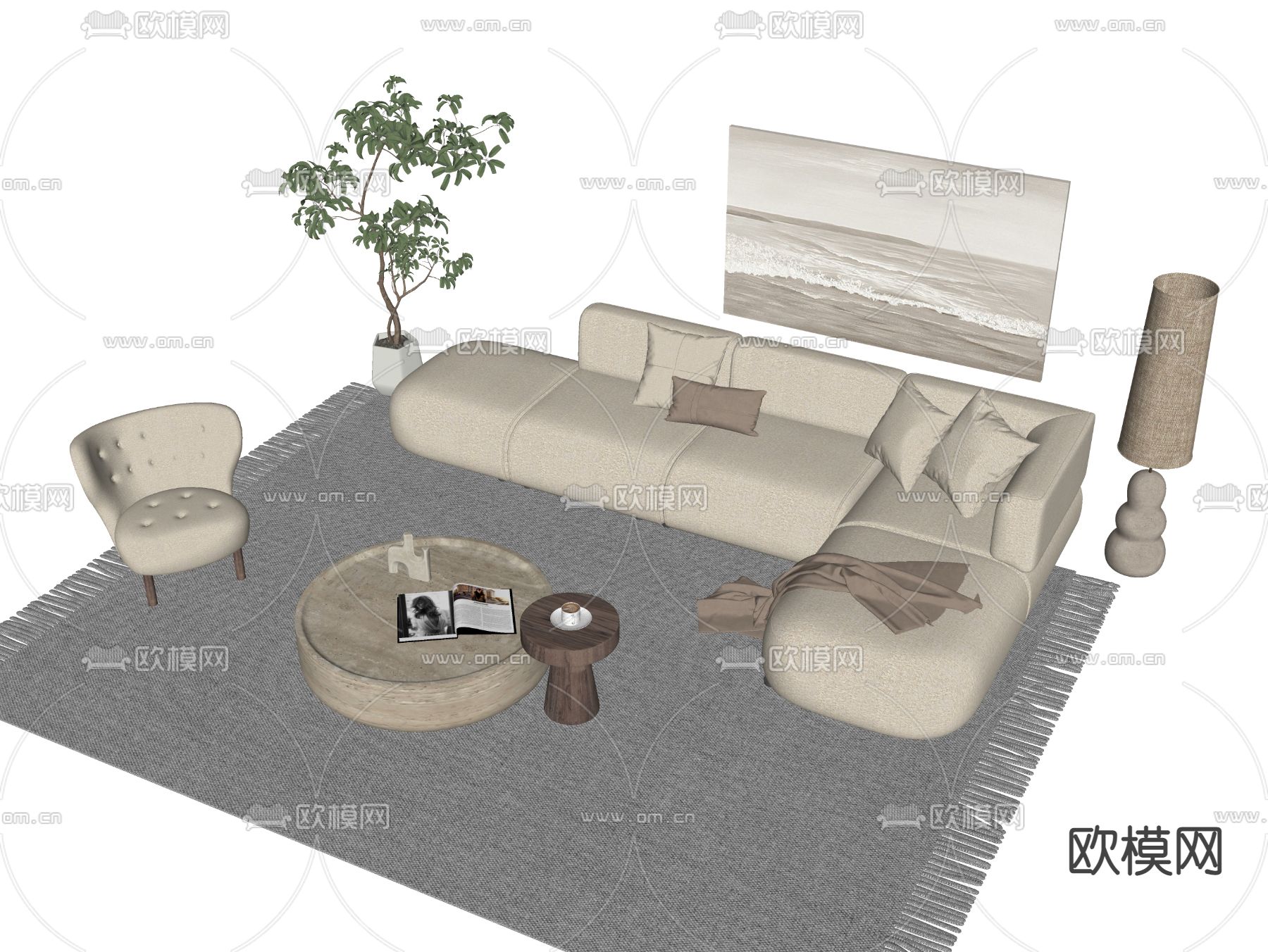 奶油风沙发茶几组合su模型下载（渲染图2）
