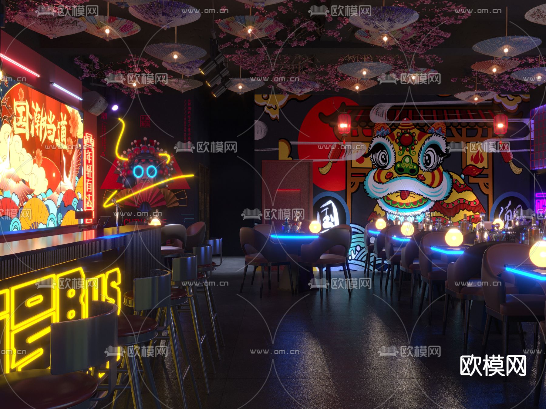 新中式国潮酒吧3d模型下载（渲染图1）
