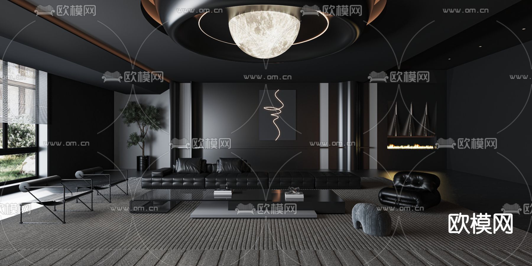 暗黑风复式客厅3d模型下载（渲染图1）