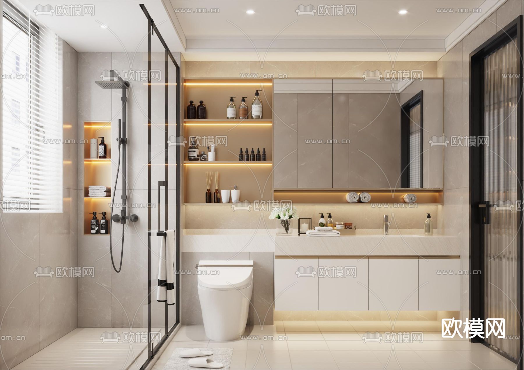 现代卫生间 浴室 洗手间3d模型下载_ID14034512_3dmax免费模型-欧模网