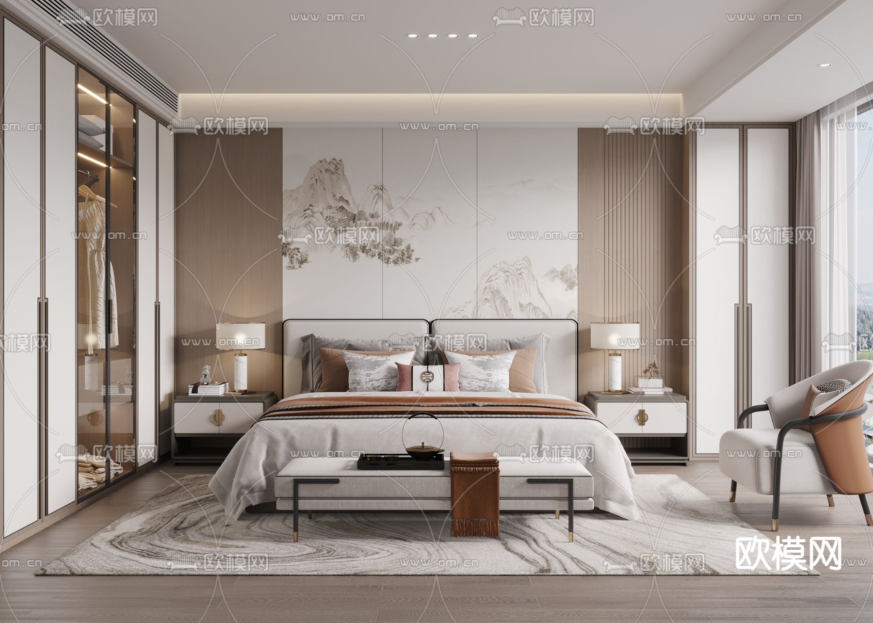 新中式卧室 主人房3d模型下载