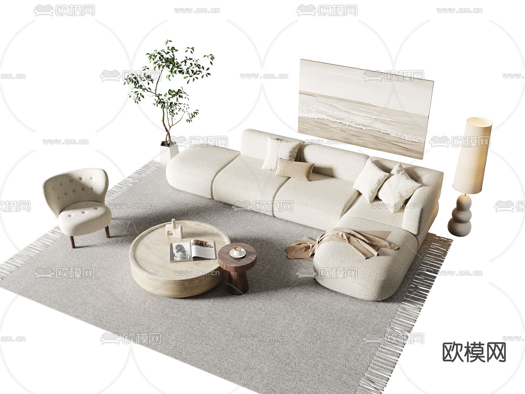 奶油风沙发茶几组合su模型下载（渲染图1）