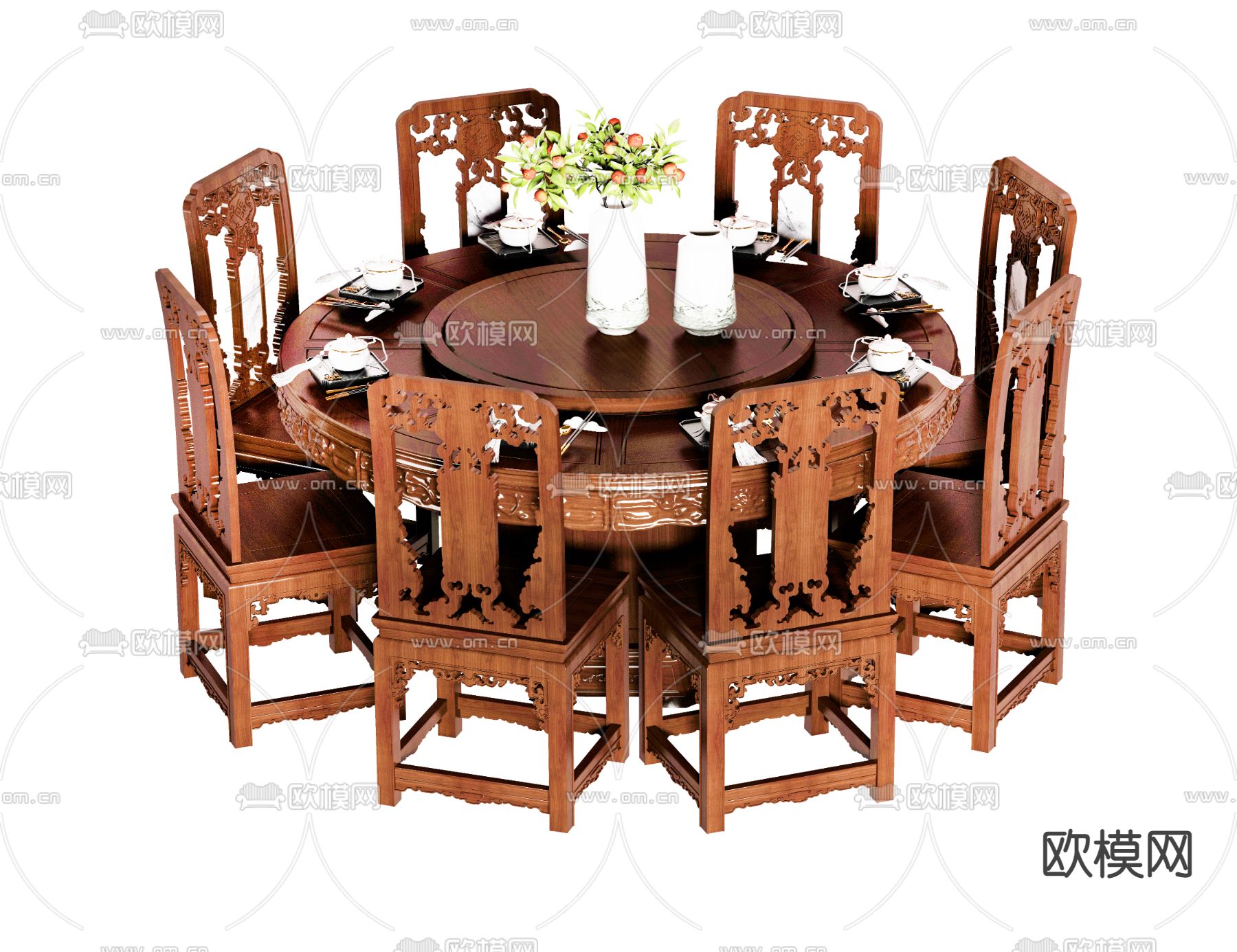 中式圆形餐桌椅3d模型下载（渲染图1）