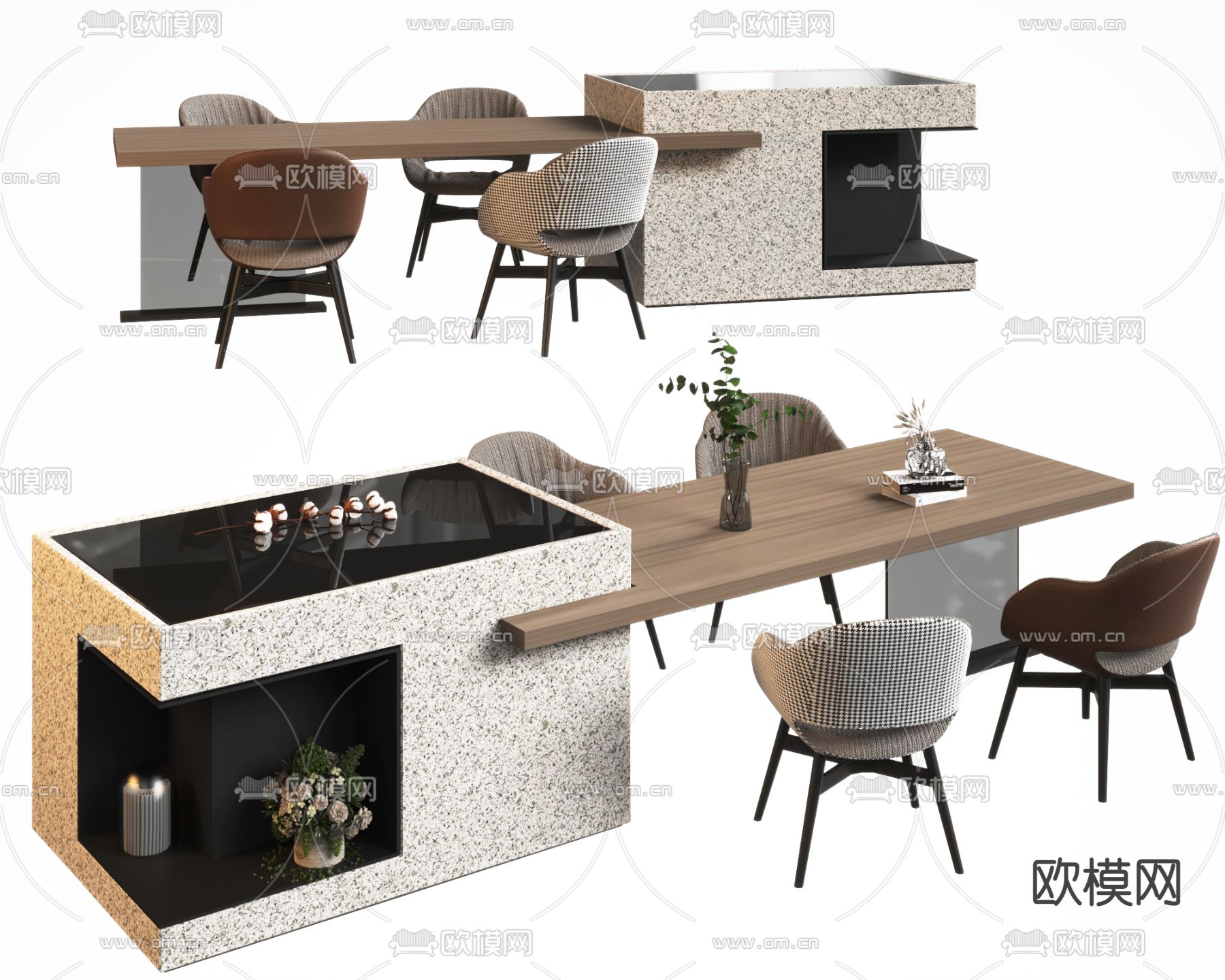 现代中岛台餐桌椅3d模型下载