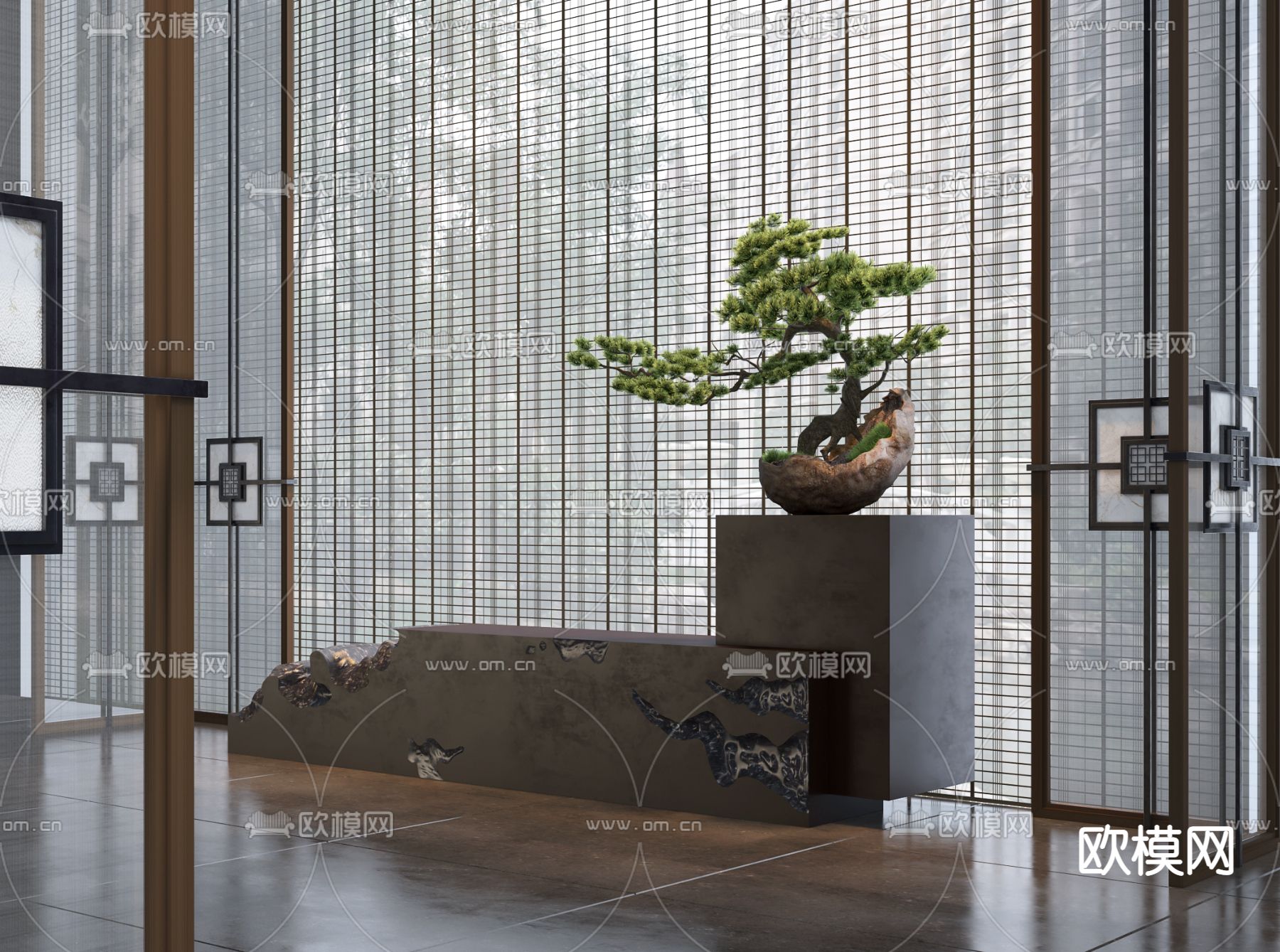 中式玄关 松树摆件3d模型下载（渲染图2）