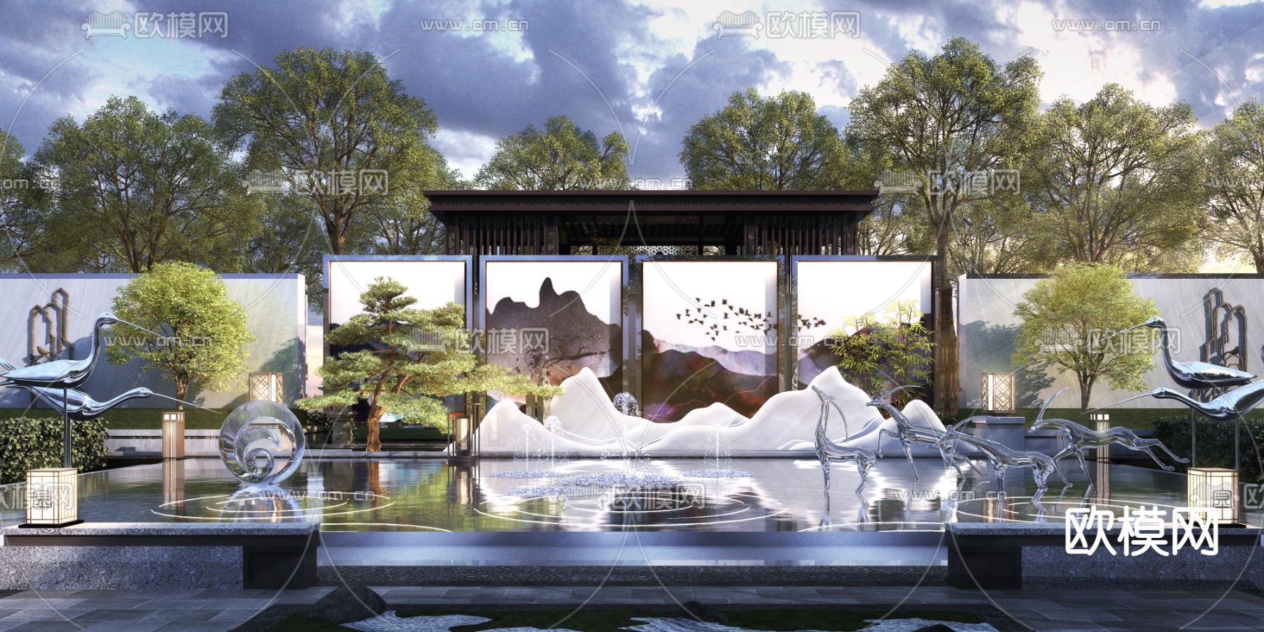 新中式园林水景墙3d模型下载