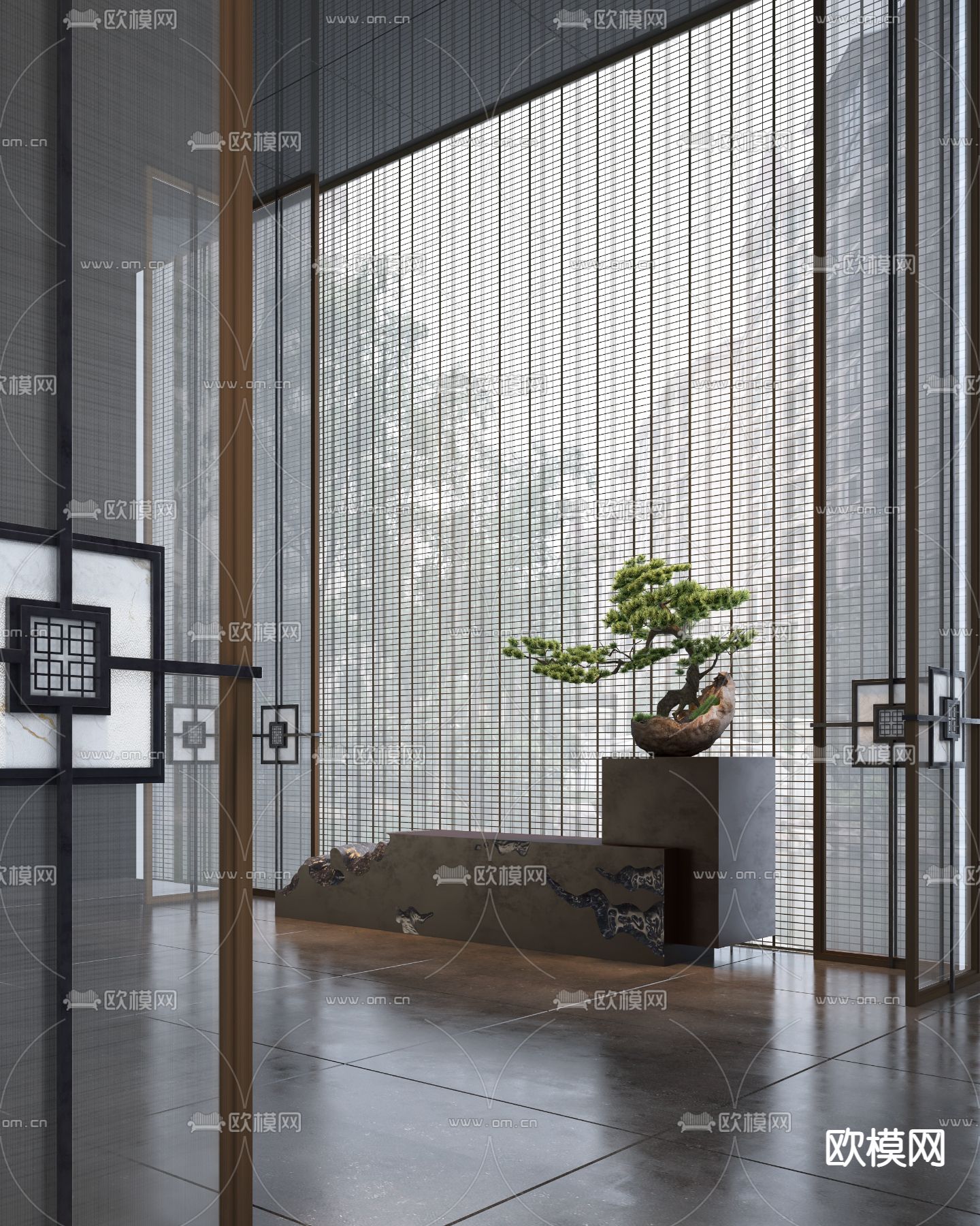 中式玄关 松树摆件3d模型下载（渲染图1）