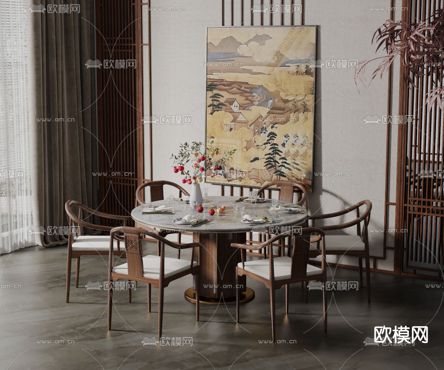新中式圆形餐桌椅3d模型