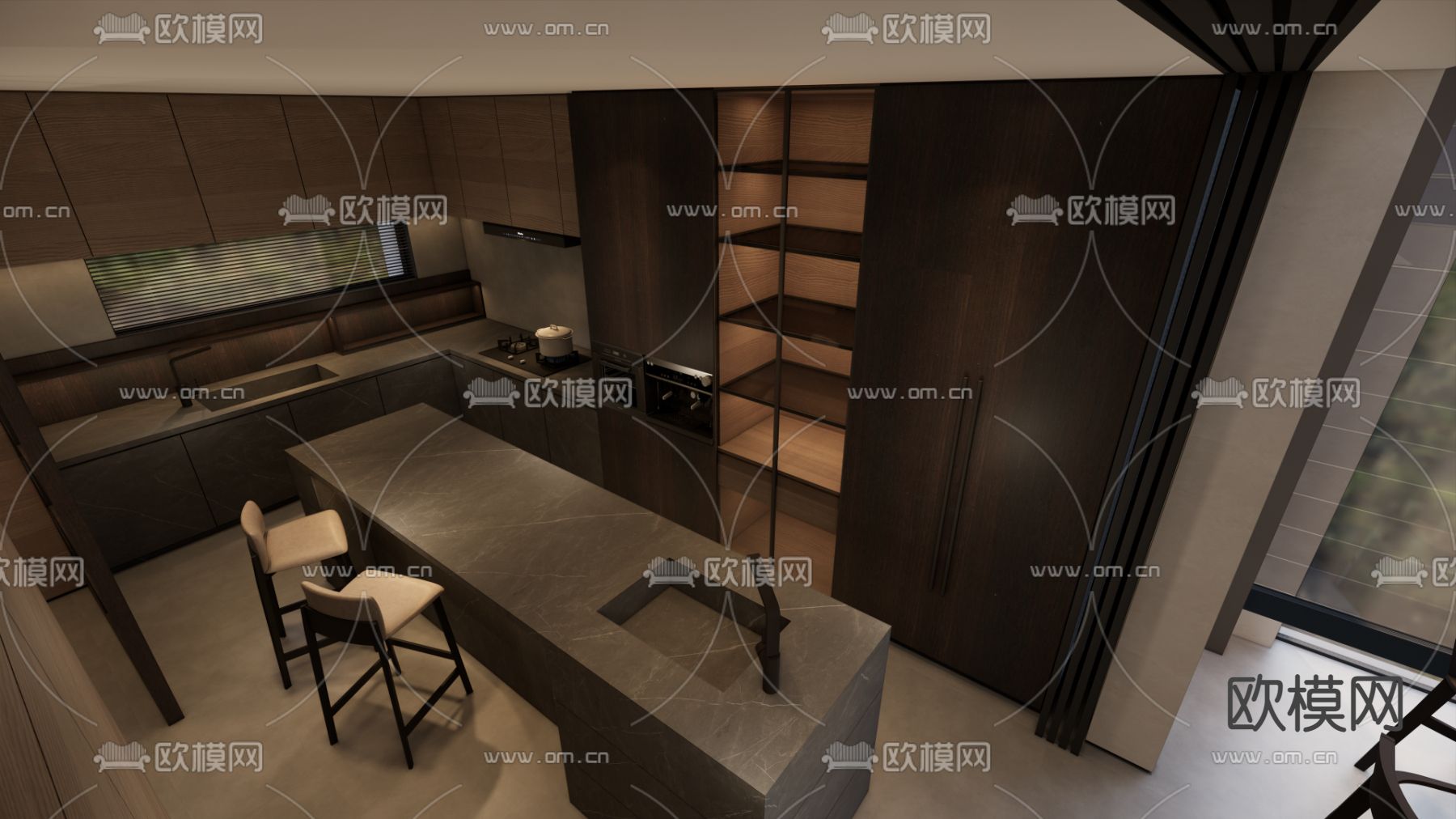 高级灰开放式厨房su模型下载（渲染图1）