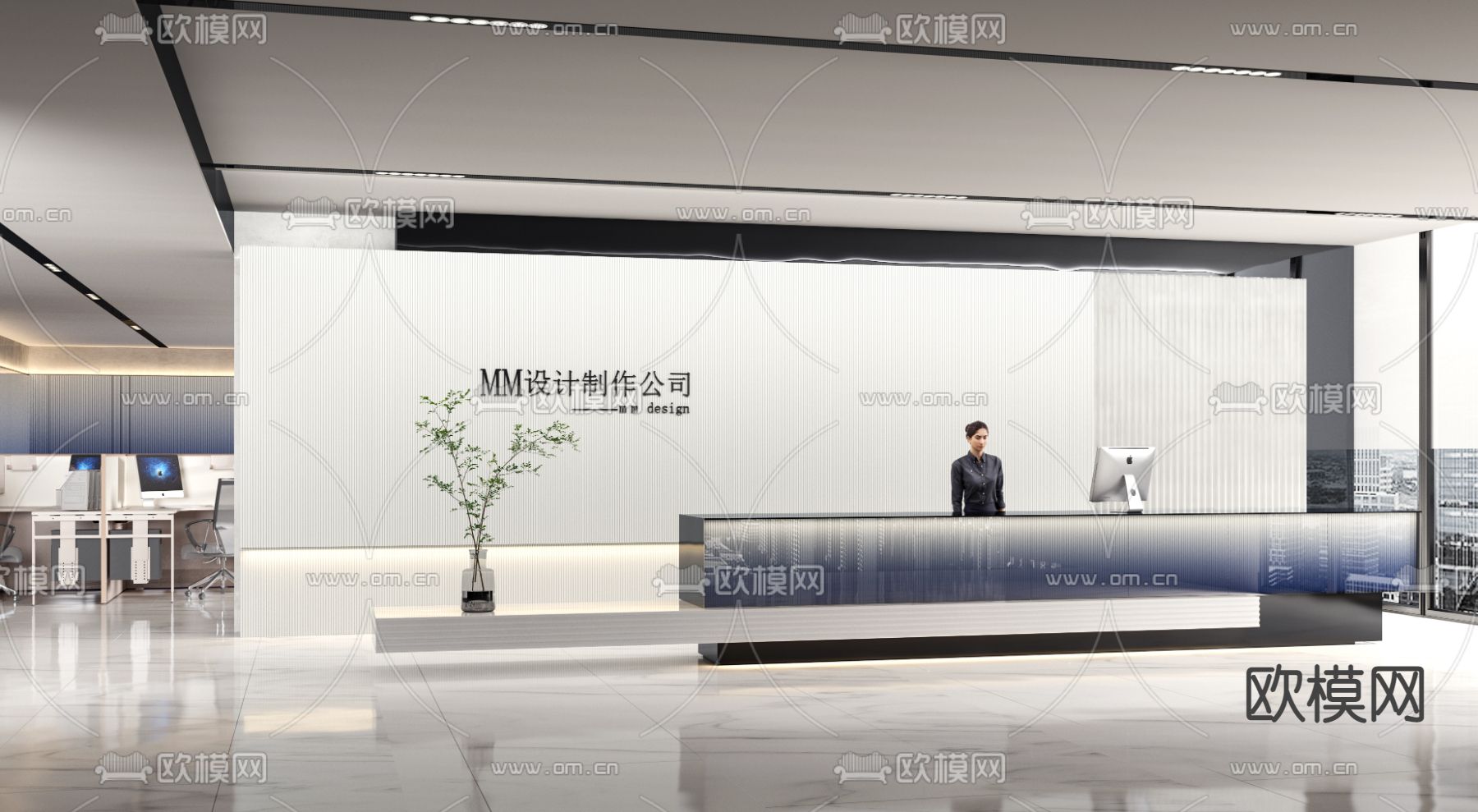 现代办公前台 接待su模型