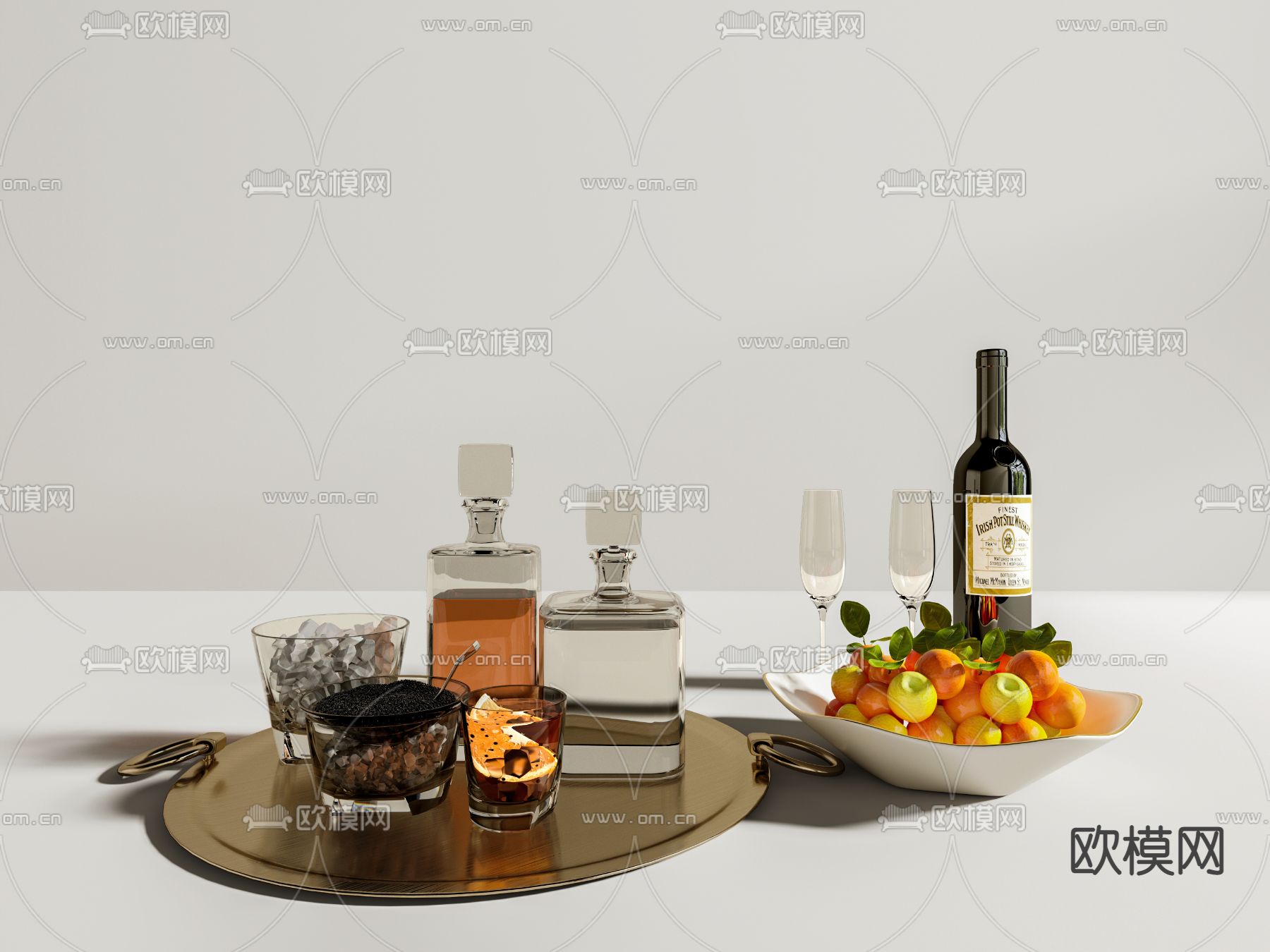 红酒酒杯 洋酒 托盘 水果盘su模型下载（渲染图1）