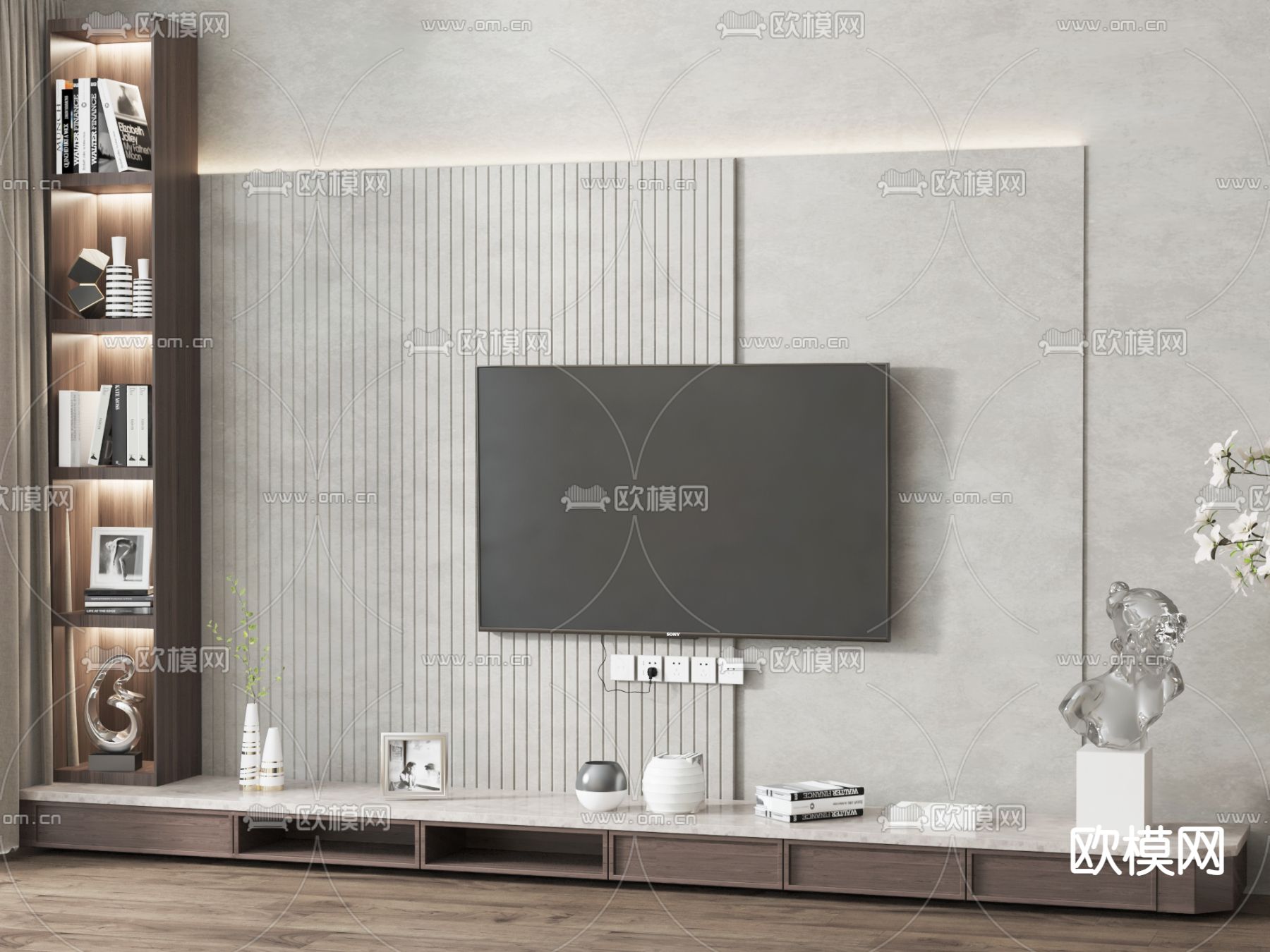 现代电视柜背景墙3d模型下载