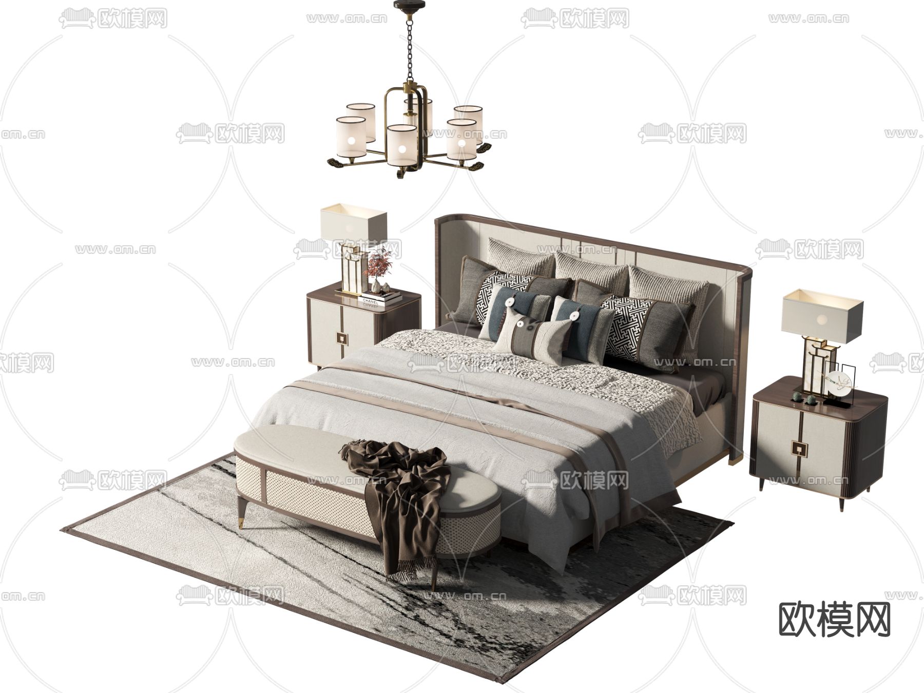 新中式双人床3d模型下载