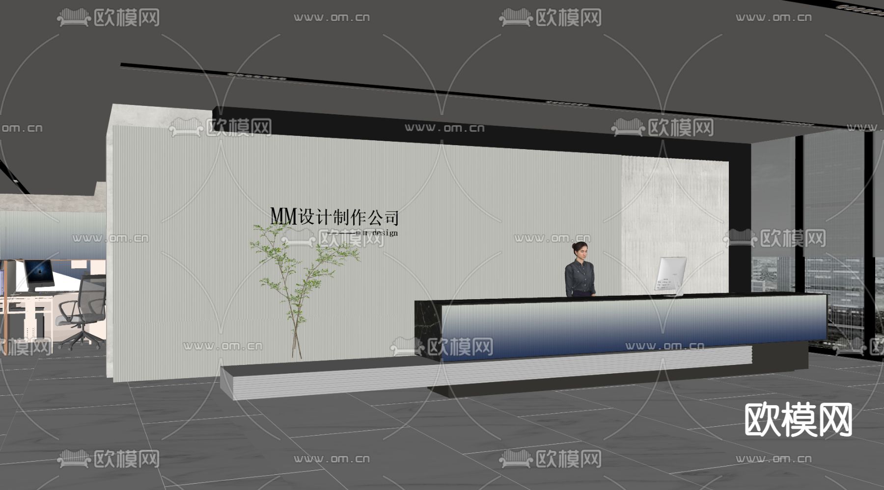 现代办公前台 接待su模型