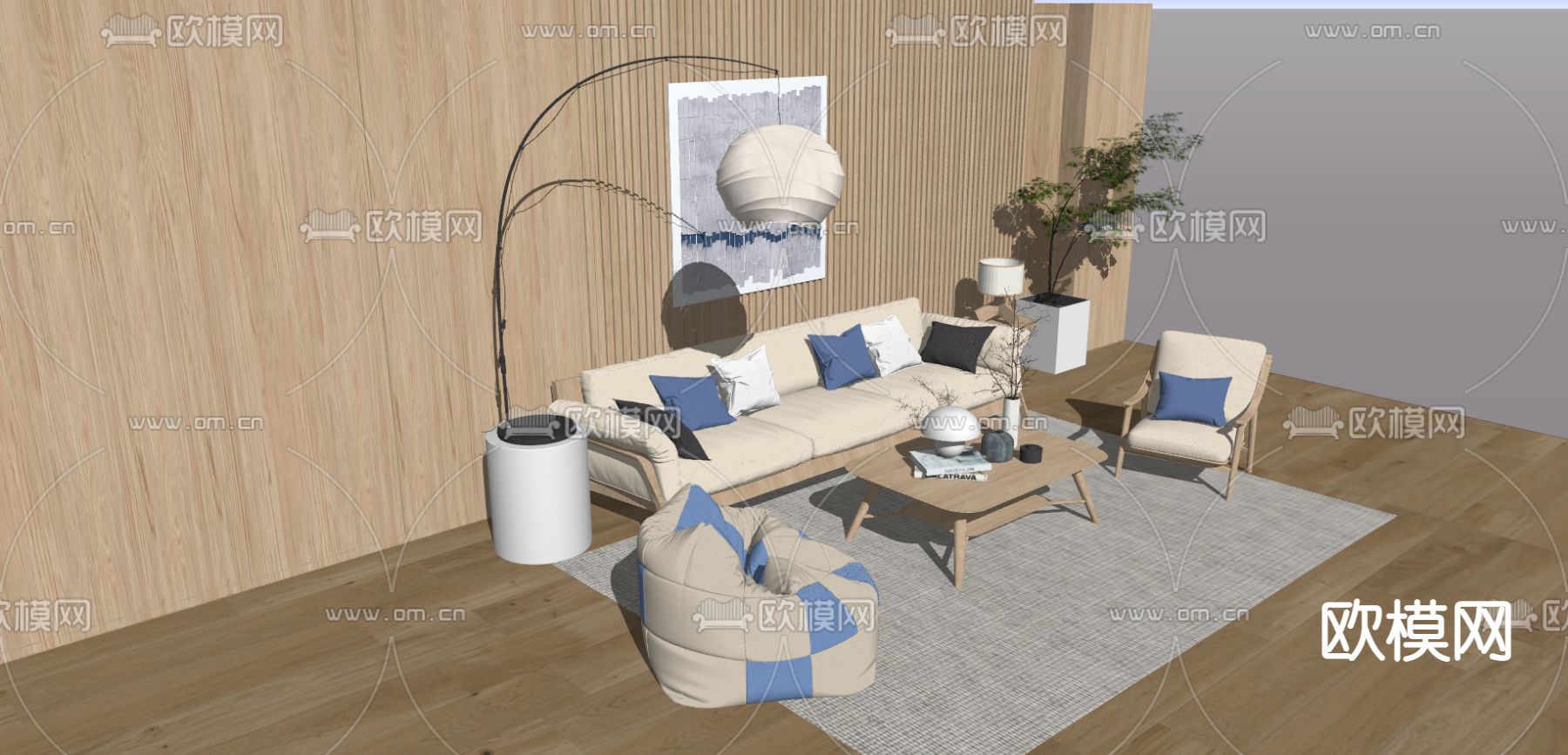 日式沙发组合su模型下载（渲染图2）