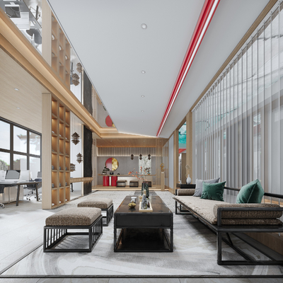  新中式办公室休息区su模型 