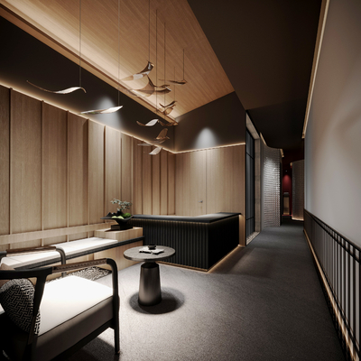  新中式会所走廊 过道su模型 