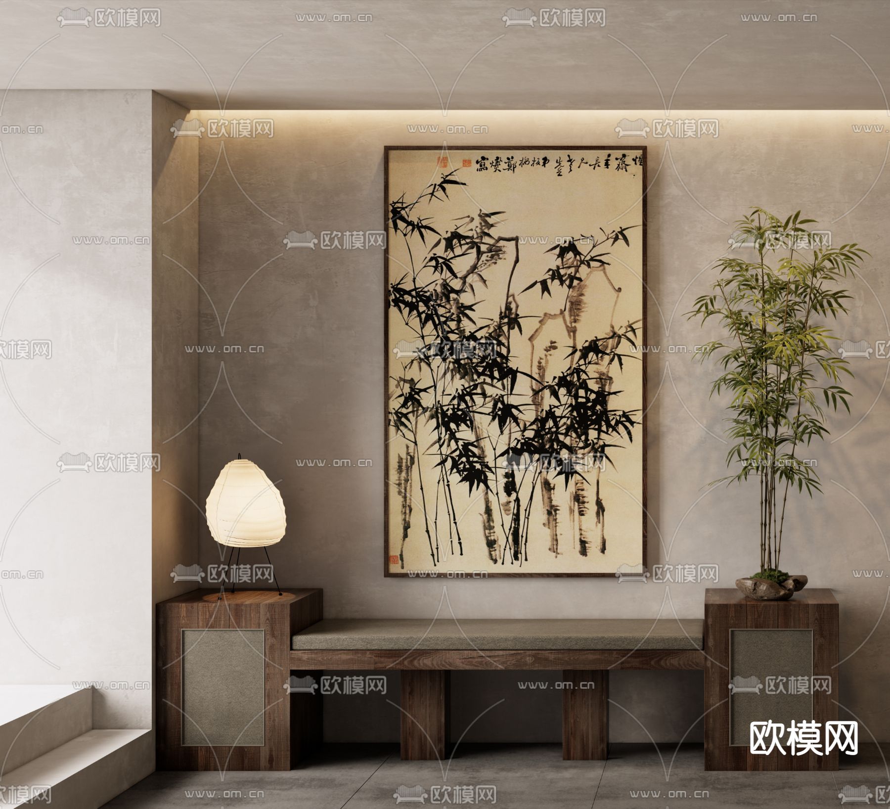 中式墨竹国画 装饰画 挂画su模型下载（渲染图1）