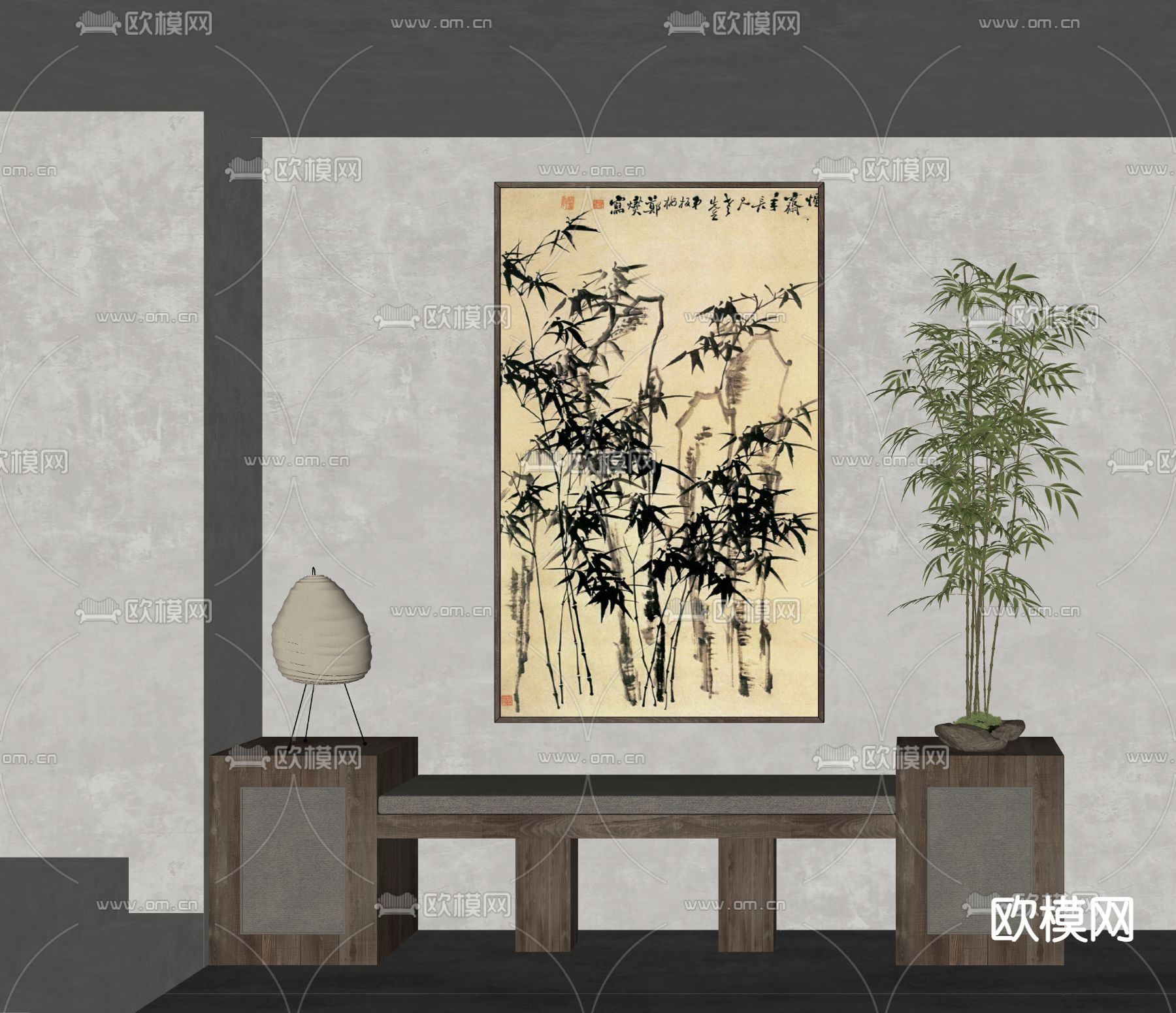中式墨竹国画 装饰画 挂画su模型下载（渲染图3）