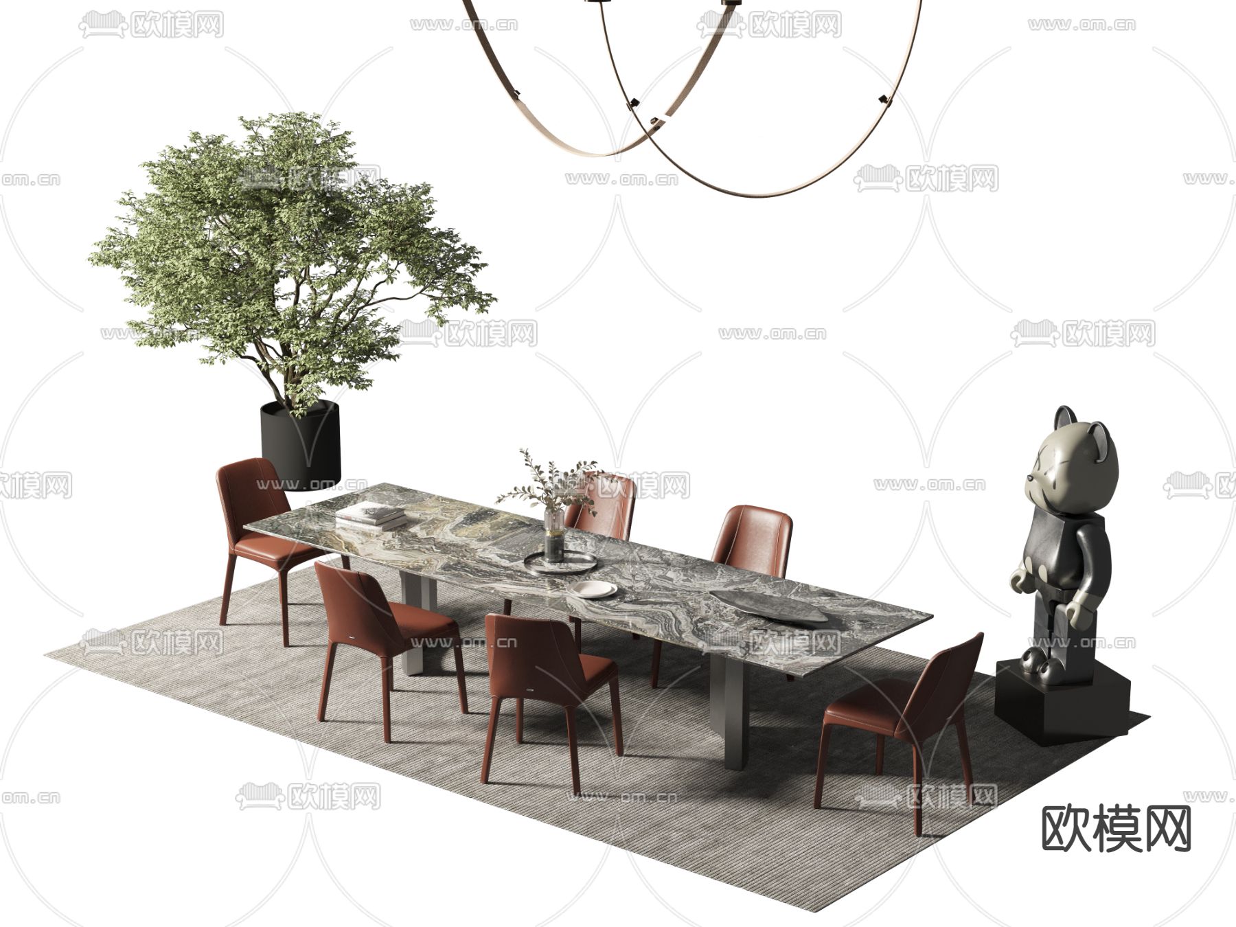 条形餐桌椅3d模型下载