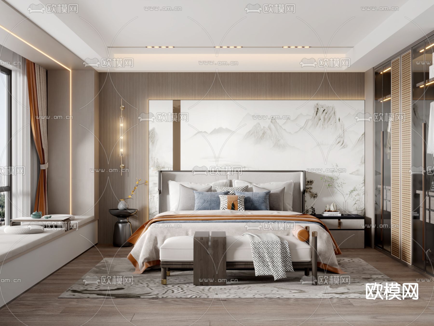 新中式卧室 主人房 主卧3d模型下载_ID12258454_3dmax免费模型-欧模网