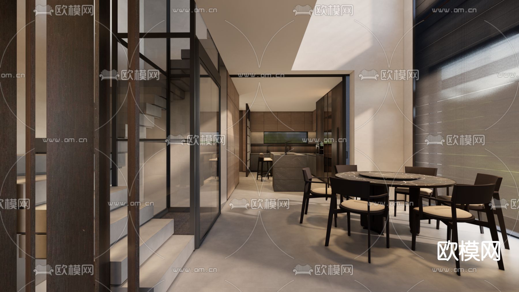 高级灰开放式厨房su模型下载（渲染图3）