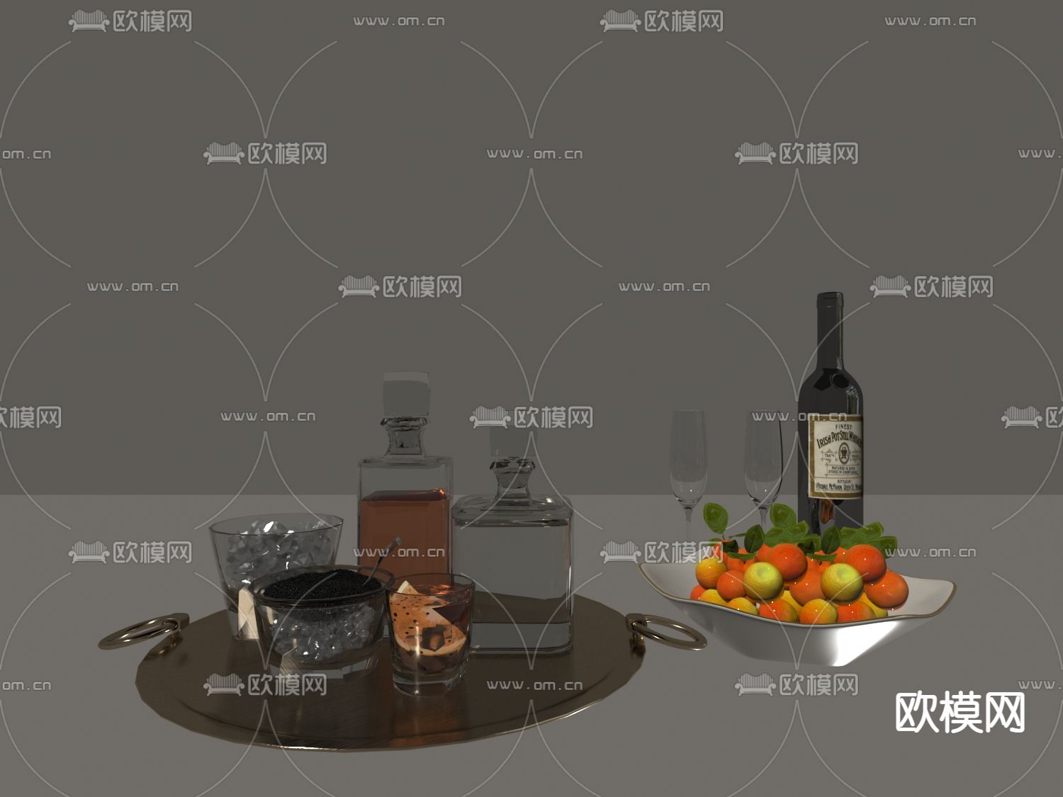 红酒酒杯 洋酒 托盘 水果盘su模型下载（渲染图2）