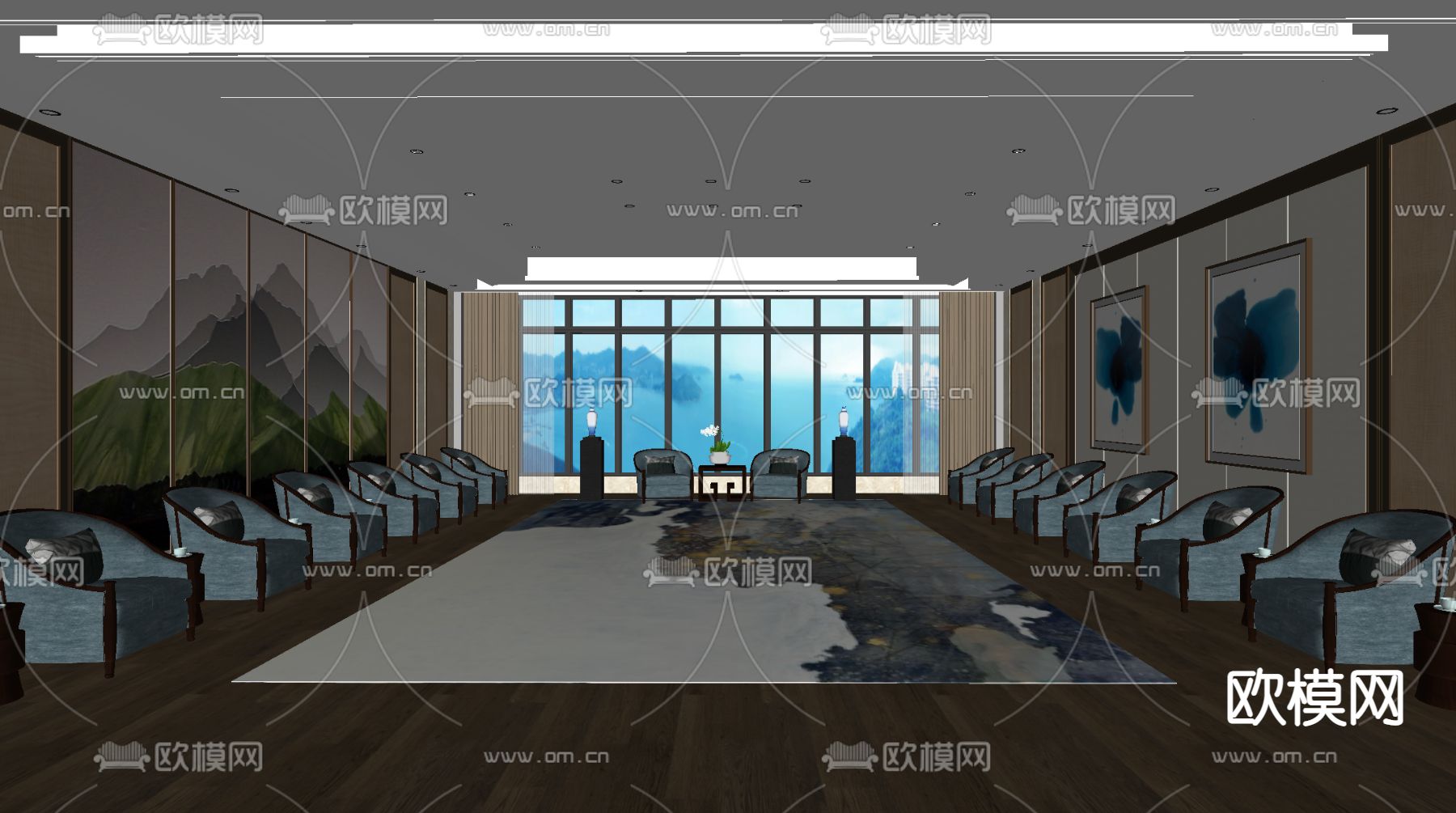 新中式酒店接待室su模型下载（渲染图2）