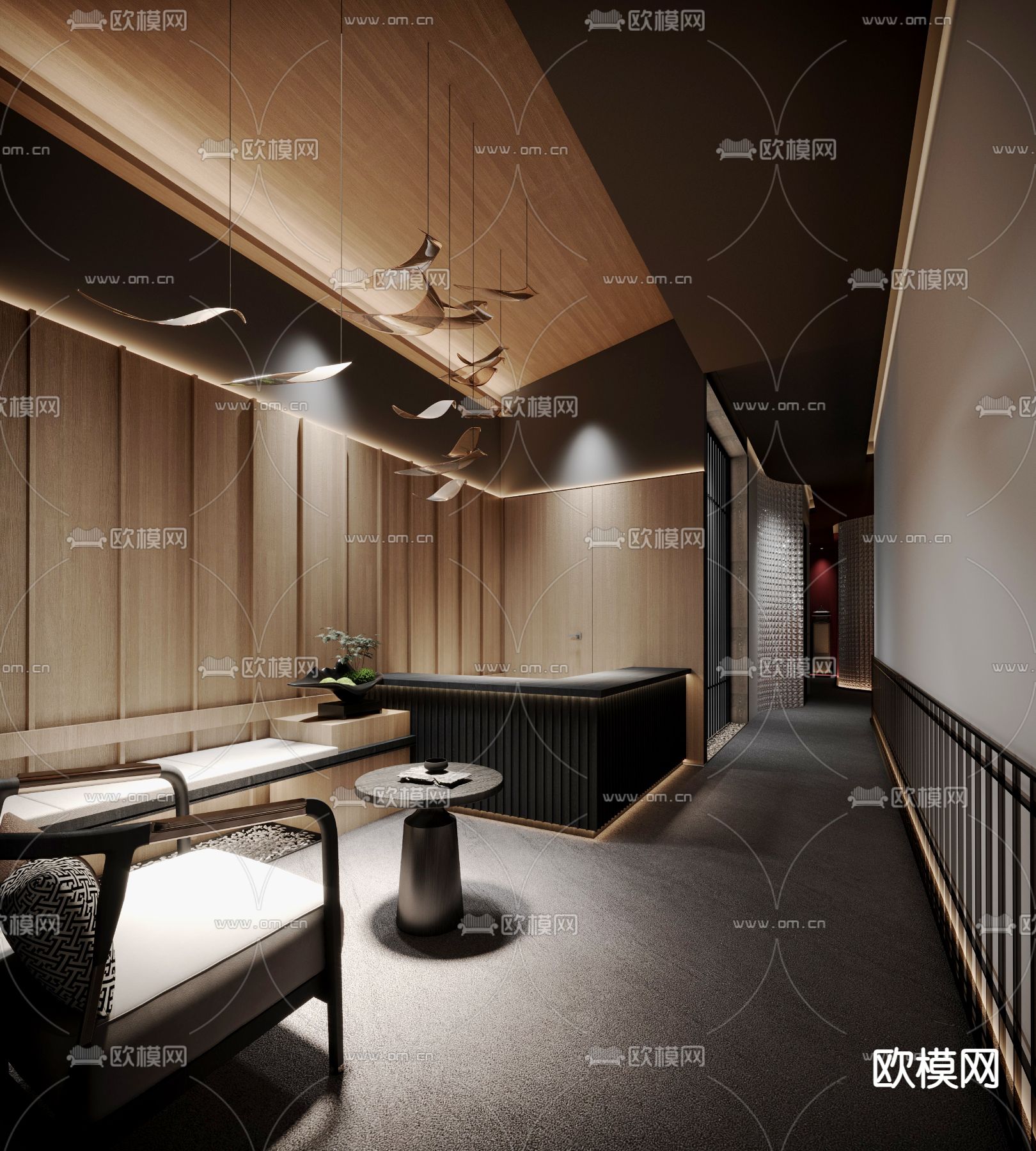 新中式会所走廊 过道su模型下载