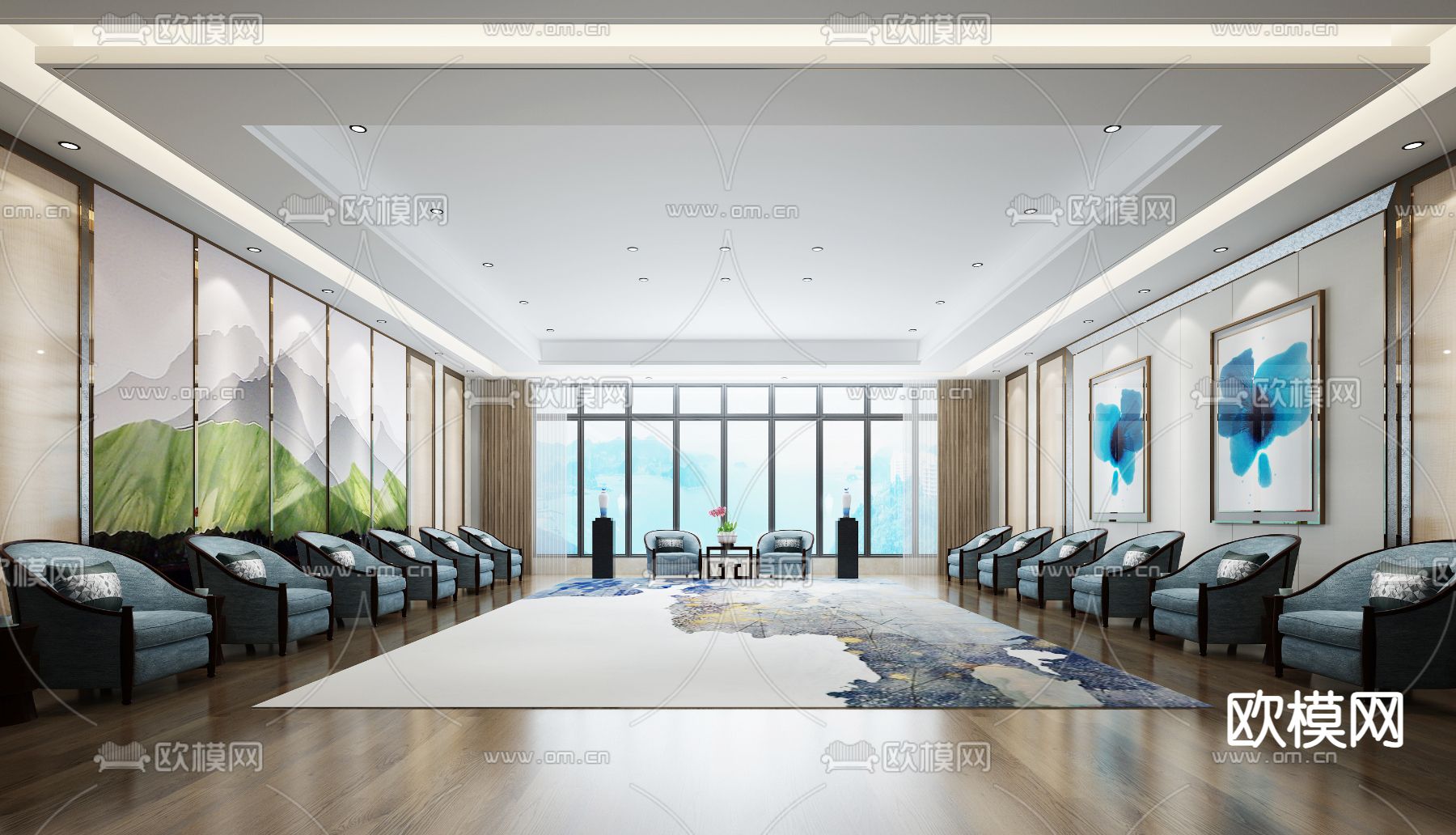 新中式酒店接待室su模型下载（渲染图1）