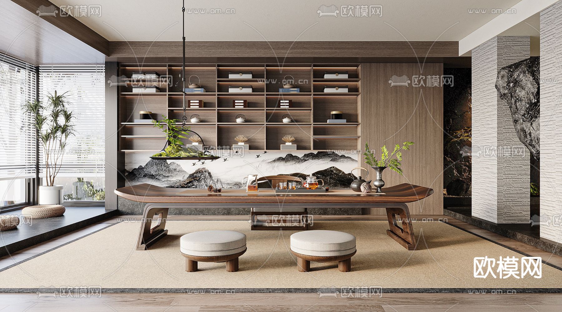 新中式茶室su模型下载（渲染图1）